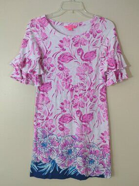 Lilly Pulitzer Lula Dress XXS Flamingo Coral Reef Ruffle Sleeve Pink Blue